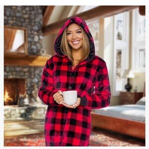Silver Lily Hooded Buffalo Plaid Footed One Piece Pajamas Cabincore Cozy Lounge